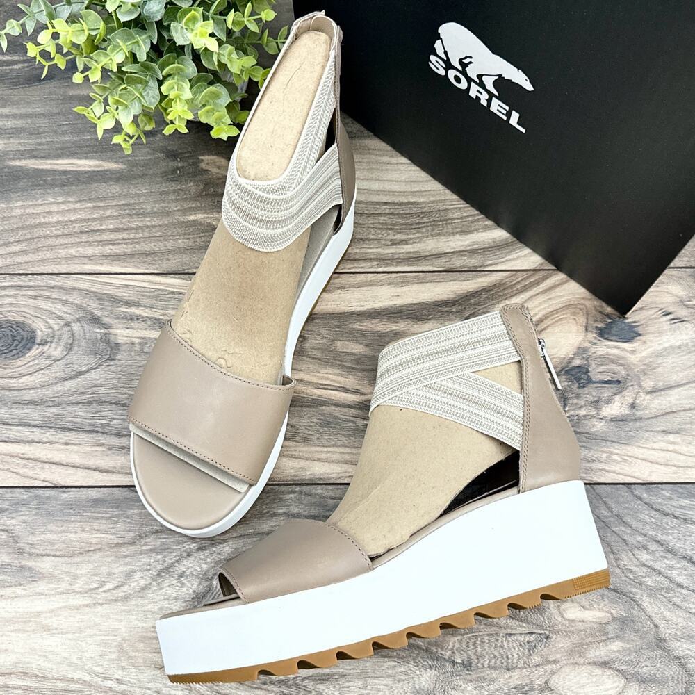 NIB Sorel Cameron 9.5M Flatform Platform Ankle Strap Leather Sandals Taupe